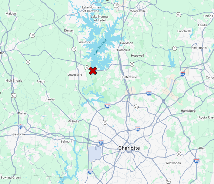 Service area map showing Towtally Possum location off Highway 73 near Lake Norman Dam in Denver NC - serving South Lake Norman, Huntersville, Cornelius, Charlotte area